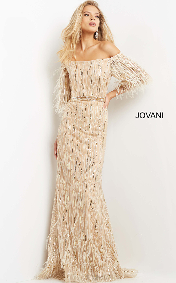 Jovani 07195 Cream Embellished Feather Sleeve Evening Dress
